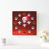 JOLLY ROGER SKULL THREE LILIES FLAG Red White Gems Square Wall Clock (Home)