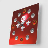 JOLLY ROGER SKULL THREE LILIES FLAG Red White Gems Square Wall Clock (Angle)