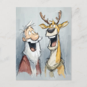 Jolly Santa and Reindeer Laugh Postcard