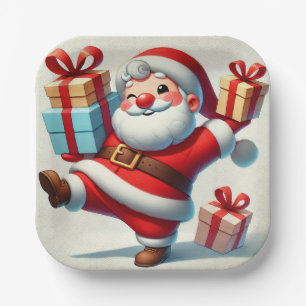 Jolly Santa Claus Holding Gift Boxes Paper Plate