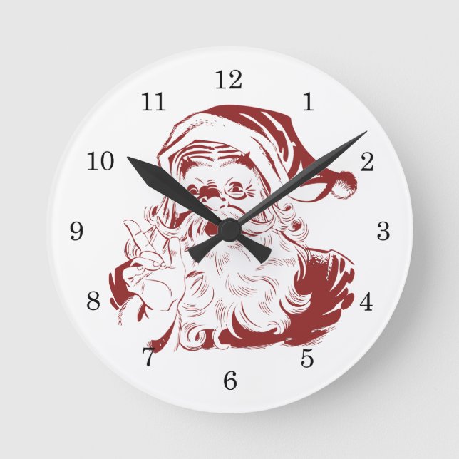 Jolly Santa Claus in Red Fun Retro Merry Christmas Round Clock (Front)