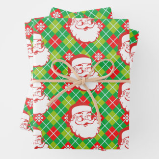 Jolly Santa Claus on Plaid Wrapping Paper Sheet