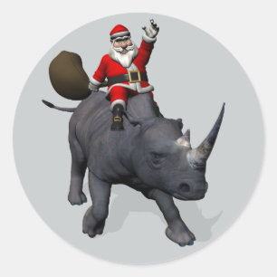 Jolly Santa Claus Riding An Rhino Classic Round Sticker
