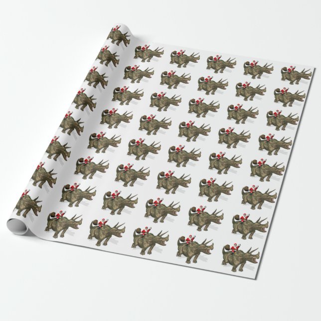 Jolly Santa Claus Riding On Triceratops Wrapping Paper (Unrolled)