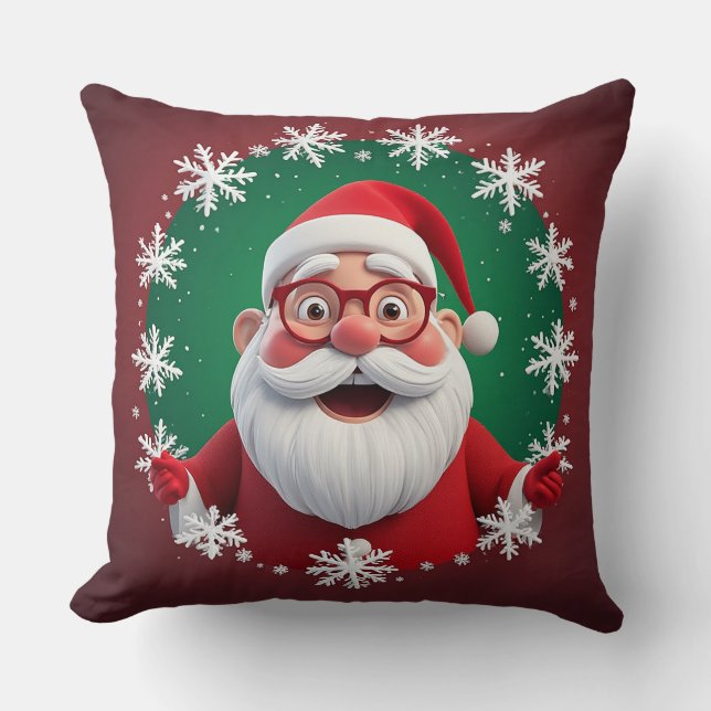 Jolly Santa Claus Surrounded by Snowflakes Cushion (Front)
