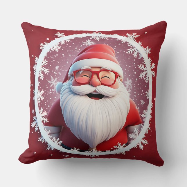 Jolly Santa Claus Surrounded by Snowflakes Cushion (Front)