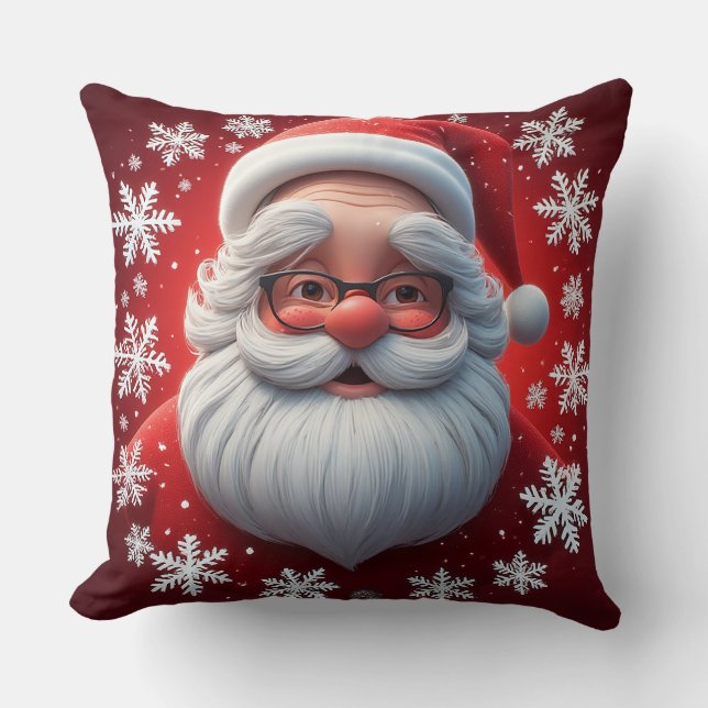 Jolly Santa Claus Surrounded by Snowflakes Cushion (Front)