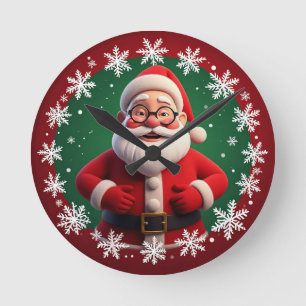 Jolly Santa Claus Surrounded by Snowflakes Round Clock