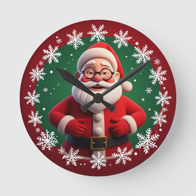 Jolly Santa Claus Surrounded by Snowflakes Round Clock (Front)