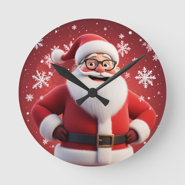 Jolly Santa Claus Surrounded by Snowflakes Round Clock (Front)