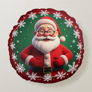Jolly Santa Claus Surrounded by Snowflakes Round Cushion