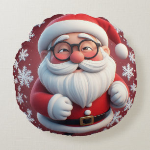 Jolly Santa Claus Surrounded by Snowflakes Round Cushion