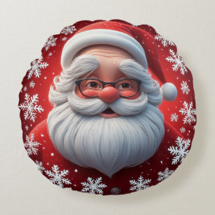 Jolly Santa Claus Surrounded by Snowflakes Round Cushion