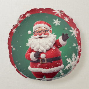 Jolly Santa Claus Surrounded by Snowflakes Round Cushion