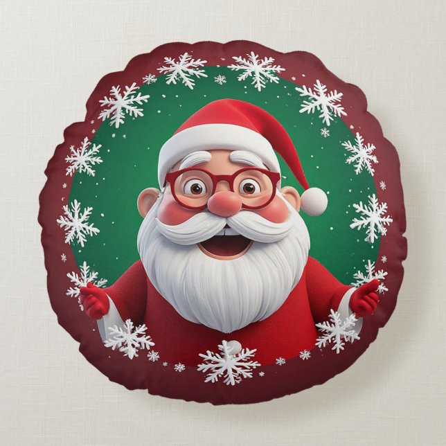 Jolly Santa Claus Surrounded by Snowflakes Round Cushion (Front)