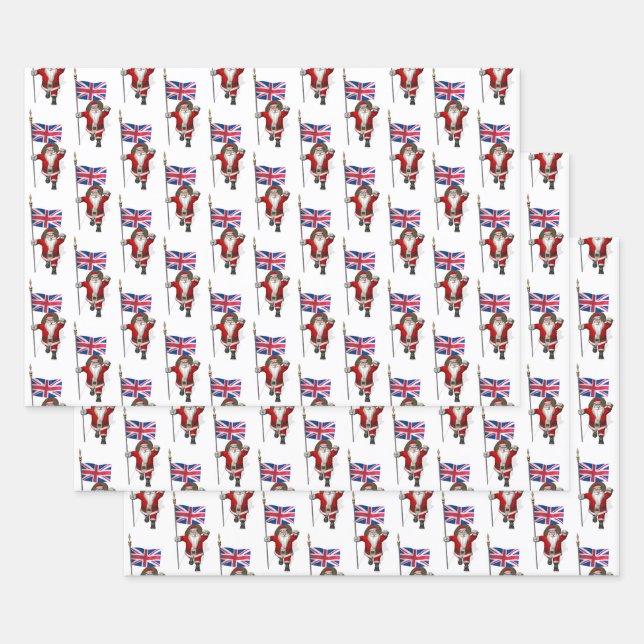 Jolly Santa Claus Waving Union Jack Wrapping Paper Sheet (Set)