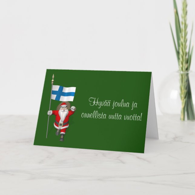 Jolly Santa Claus With Flag Of Finland Holiday Card (Front)