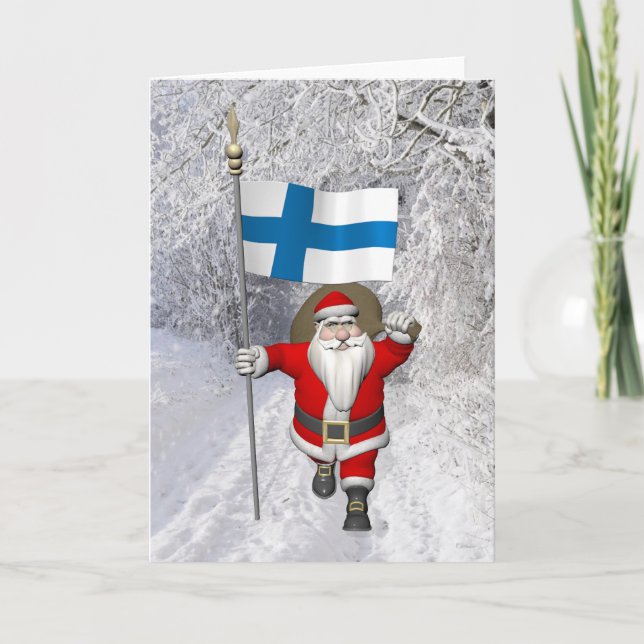 Jolly Santa Claus With Flag Of Finland Holiday Card (Front)