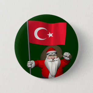Jolly Santa Claus With Flag Of Turkey 6 Cm Round Badge