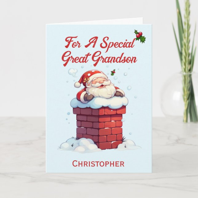 Jolly Santa in Chimney Great Grandson Christmas  Holiday Card (Front)