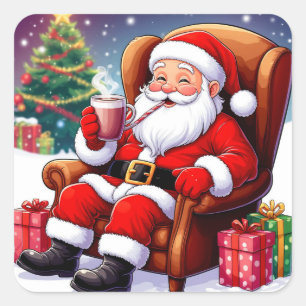 Jolly Santa Relaxing With Hot Cocoa By Christmas Square Sticker