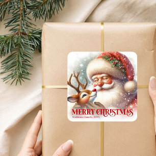 Jolly Santa Rudolph Personalized Festive Holiday Square Sticker