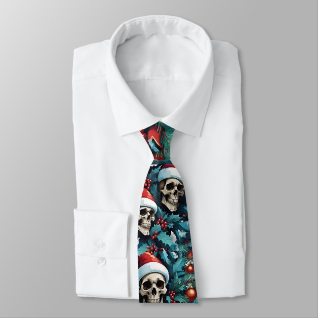Jolly Santa Skulls Holly and Ornaments Christmas Tie (Tied)