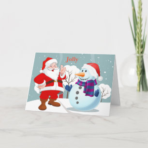 Jolly santa snowman on a snowbank holiday card
