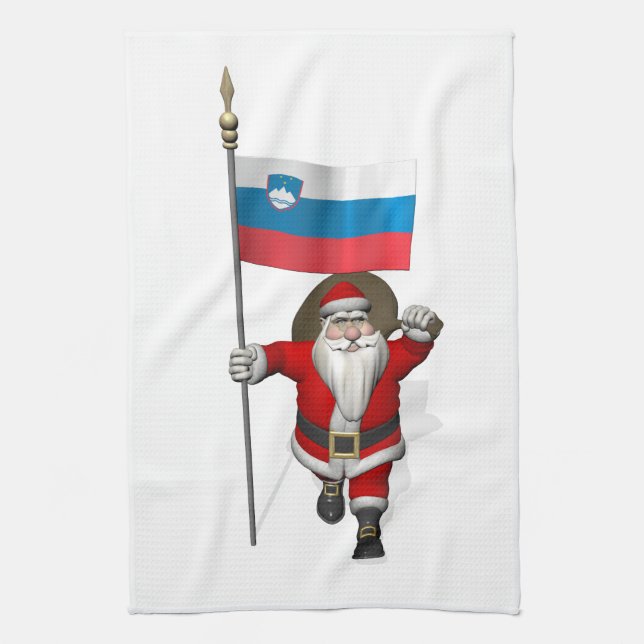 Jolly Santa Visiting Slovenia Tea Towel (Vertical)