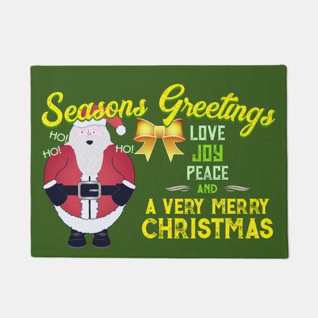 Jolly Santa with Seasons Greetings on GREEN Doormat (Front)