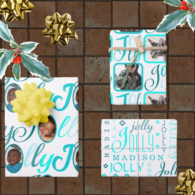 JOLLY Script Turquoise On White 4 Photo Christmas Wrapping Paper Sheet (Creator Uploaded)