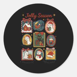 Jolly Season Ghost Cat Santa Christmas Frame Merry Classic Round Sticker