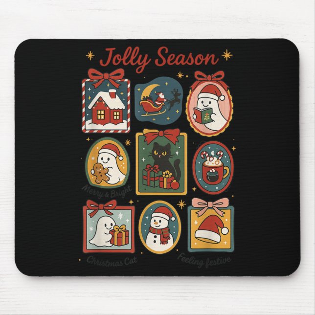 Jolly Season Ghost Cat Santa Christmas Frame Merry Mouse Pad (Front)