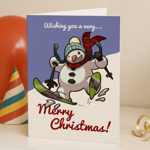 Jolly Skiing Snowman Merry Christmas Cartoon Holiday Card