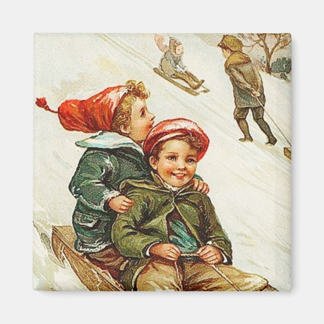 Jolly Sledding Time Vintage Magnet (Front)
