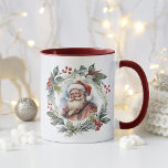 Jolly Smiling Santa Watercolor Christmas Wreath Mug<br><div class="desc">Nostalgic vintage-inspired portrait of smiling St. Nicholas surrounded by a festive watercolor style Christmas wreath with evergreens,  foliage and red berries.</div>