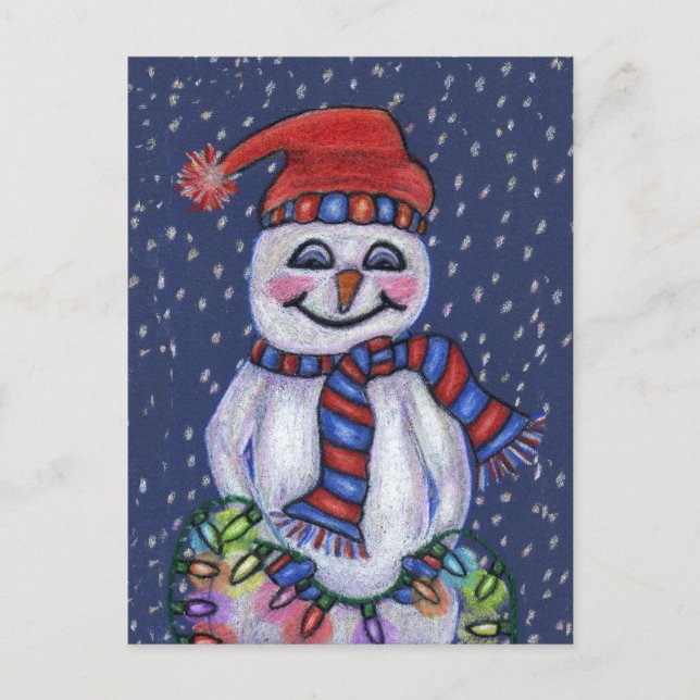 Jolly Snowman Hat Scarf With Christmas Lights Snow Postcard (Front)