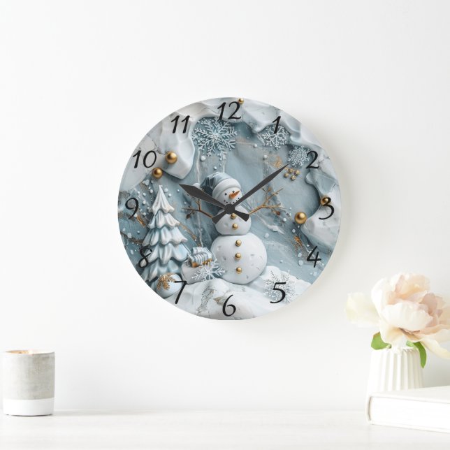 Jolly Snowman in Christmas Scene Large Clock (Home)
