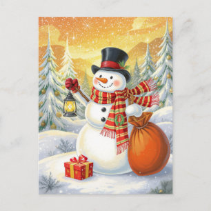 Jolly Snowman Lantern Gifts Snowy Forest Holiday Postcard