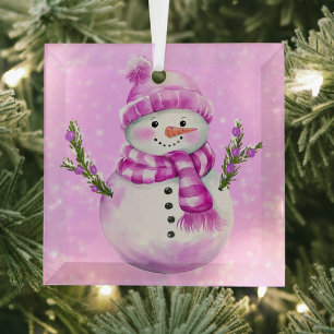 Jolly Snowman Pink Glass Tree Decoration