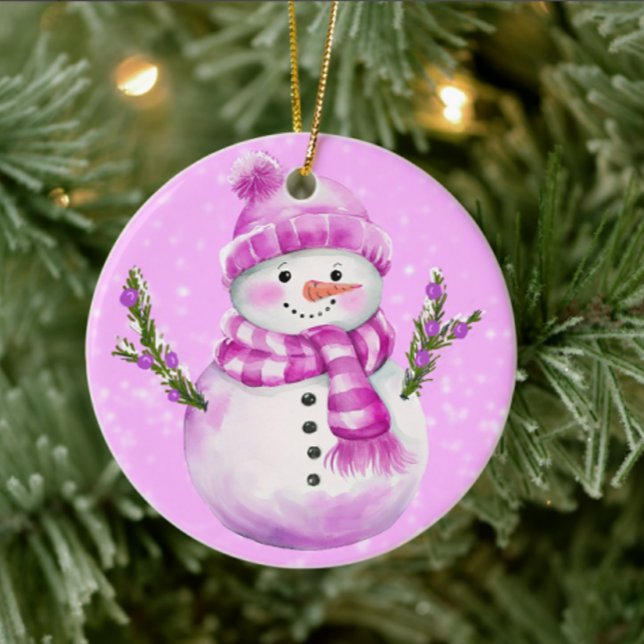 Jolly Snowman Pink Personalized Ceramic Ornament (Personalize the back with your own message)