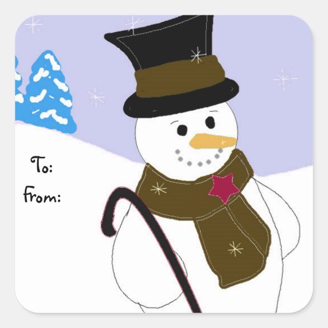 Jolly Snowman with Hat and Cane Square Sticker (Front)