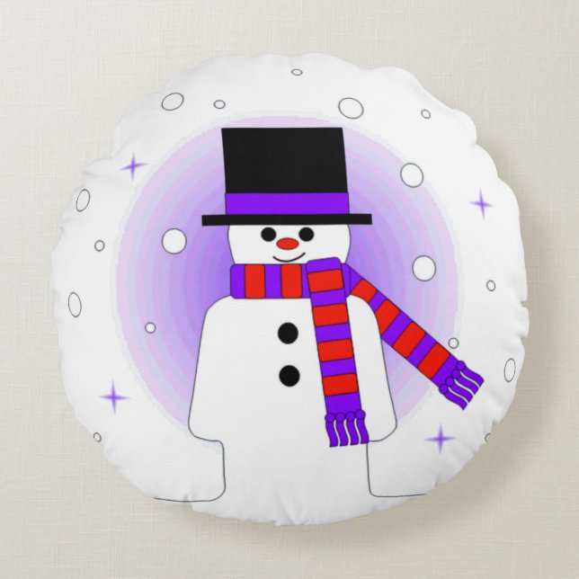 Jolly Snowman with Top Hat and Scarf Round Pillow (Front)