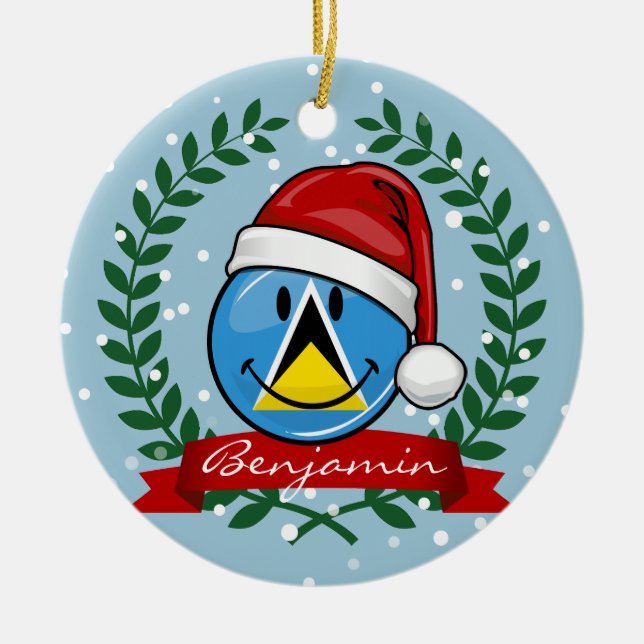 Jolly St. Lucian Flag Christmas Style Ceramic Tree Decoration (Front)
