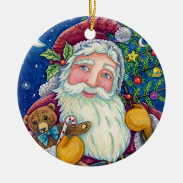 JOLLY ST NICK & TEDDYBEAR, OLD FASHIONED CHRISTMAS CERAMIC ORNAMENT (Front)