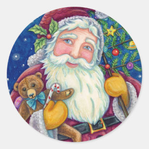 JOLLY ST NICK & TEDDYBEAR, OLD FASHIONED CHRISTMAS CLASSIC ROUND STICKER