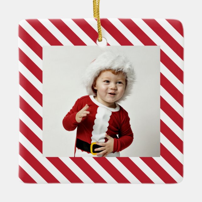 Jolly Stripes Photo Christmas Ornament with Year (Front)