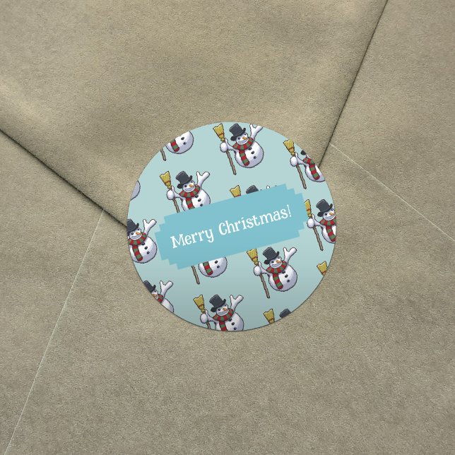 Jolly Top Hat Snowman Christmas Pixel Art Pattern Classic Round Sticker (Creator Uploaded)