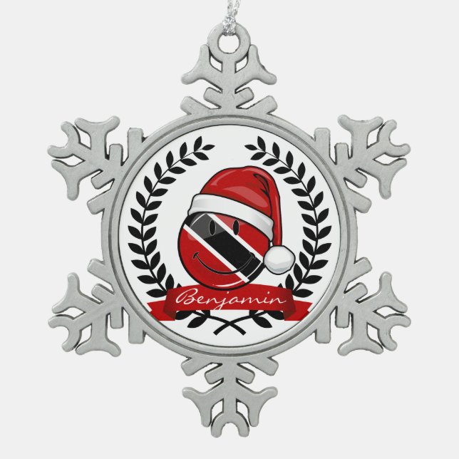 Jolly Trinidad Flag Christmas Style Snowflake Pewter Christmas Ornament (Front)