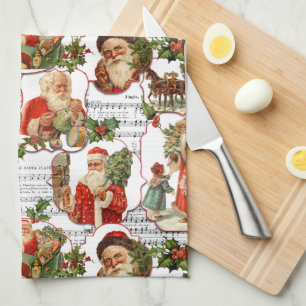 Jolly Vintage Santa, Holly & Music Collage Tea Towel